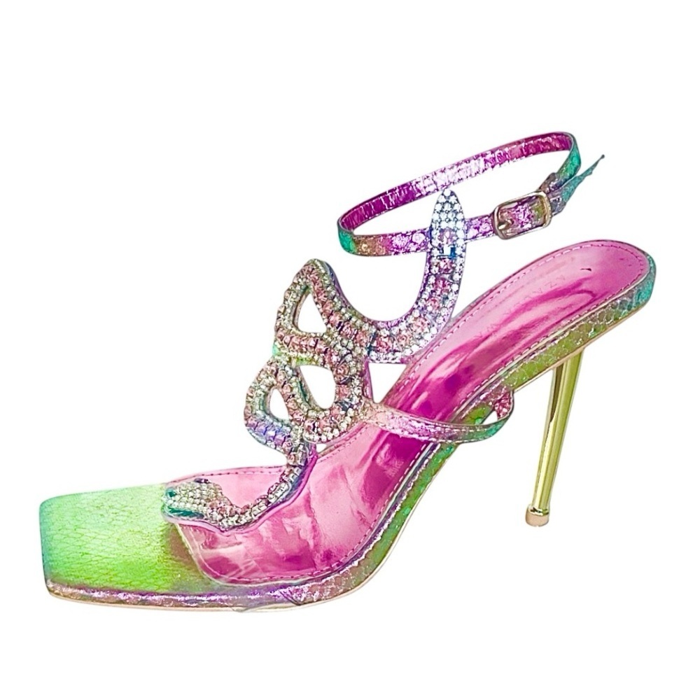 Azalea Wang Pink Crystal Cobra Snake Heels Sandals Shoes 7